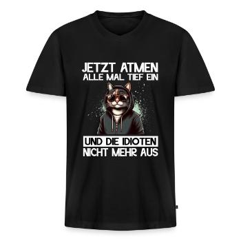 Lustige Katze Sarkasmus Idioten Spruch Atmen Humor - Männer Premium Bio T-Shirt mit V-Ausschnitt - Schwarz - Vorne - Nico (187cm)
