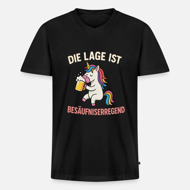 Einhorn mit Bier - Männer Premium Bio T-Shirt mit V-Ausschnitt - Schwarz