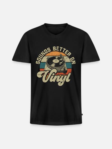 vinyl vinyl music turntable retro - Men's Premium Organic T-shirt with V-neck - black