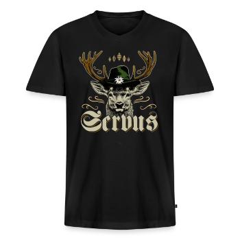 Servus Bayern Shirt Tracht Trachtenshirt Herren - Männer Premium Bio T-Shirt mit V-Ausschnitt - Schwarz - Vorne - Nico (187cm)