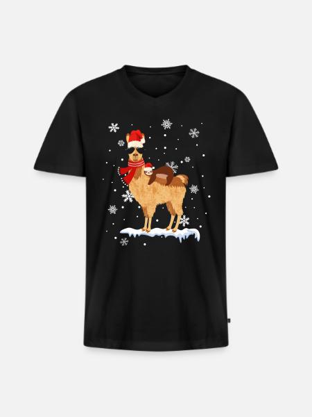 Cool alpaca lama Christmas deco sloth snow - Men's Premium Organic T-shirt with V-neck - black
