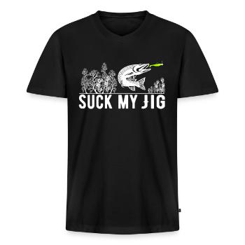 Hecht Lustiger Spruch Suck My Jig Raubfischangler - Männer Premium Bio T-Shirt mit V-Ausschnitt - Schwarz - Vorne - Nico (187cm)