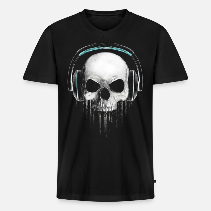 Headphone Skull - Männer Premium Bio T-Shirt mit V-Ausschnitt - Schwarz
