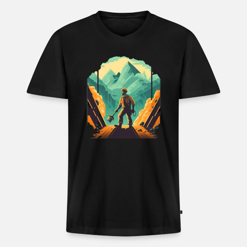 Retro Minenarbeiter mit Schaufel - Männer Premium Bio T-Shirt mit V-Ausschnitt - Schwarz