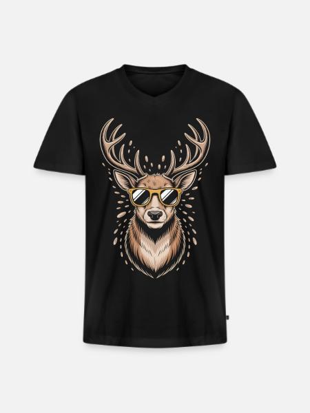 Hirsch mit Geweih und Sonnenbrille - Männer Premium Bio T-Shirt mit V-Ausschnitt - Schwarz