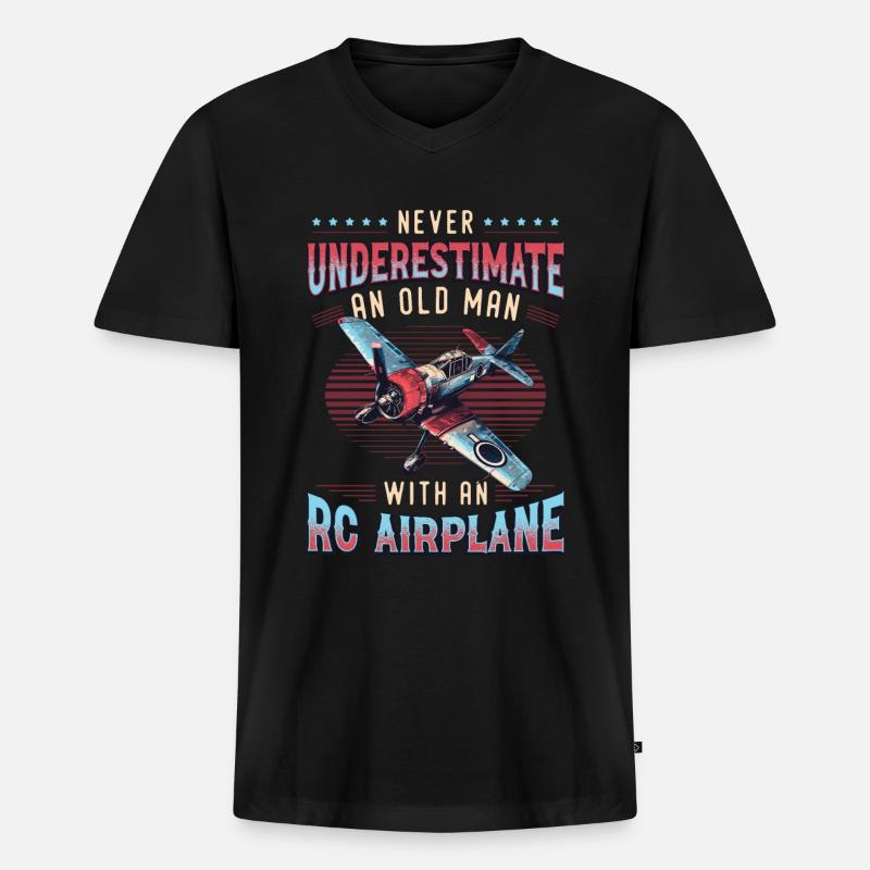 Alter Mann Mit Modellflugzeug - Männer Premium Bio T-Shirt mit V-Ausschnitt - Schwarz