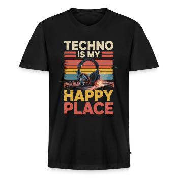 Techno My Happy Place Music Lover DJ Headphones - Men's Premium Organic T-shirt with V-neck - black - Front - Nico (187cm)