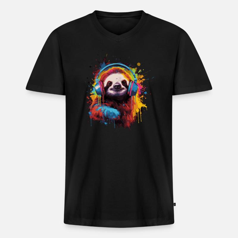 Faultier hört Musik mit Kopfhörern - Männer Premium Bio T-Shirt mit V-Ausschnitt - Schwarz
