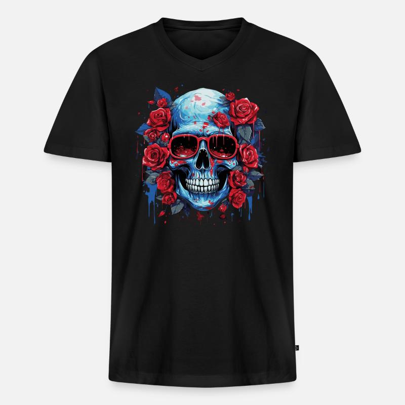 Grinsender Blumenschädel - Männer Premium Bio T-Shirt mit V-Ausschnitt - Schwarz