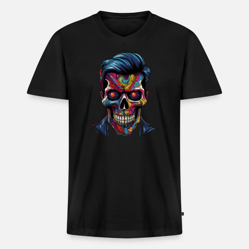 Bunter Popart Schädel - Männer Premium Bio T-Shirt mit V-Ausschnitt - Schwarz