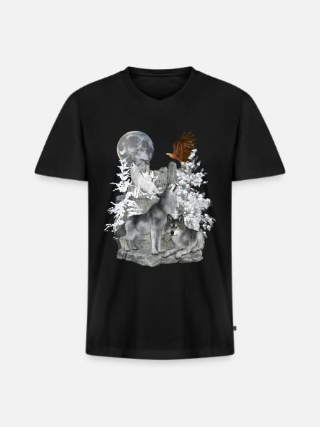 Wolves,Winter, Eagle, Moon - Men's Premium Organic T-shirt with V-neck - black