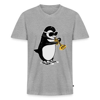 Pinguin Trompete Geschenk Kinder Big Band Musik - Männer Premium Bio T-Shirt mit V-Ausschnitt - Grau meliert - Vorne