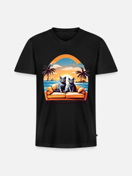 Katzen am Meer - Männer Premium Bio T-Shirt mit V-Ausschnitt - Schwarz