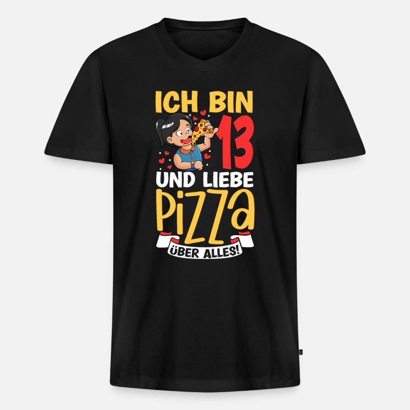 Ich bin 13 - Mädchen Pizza - Männer Premium Bio T-Shirt mit V-Ausschnitt - Schwarz