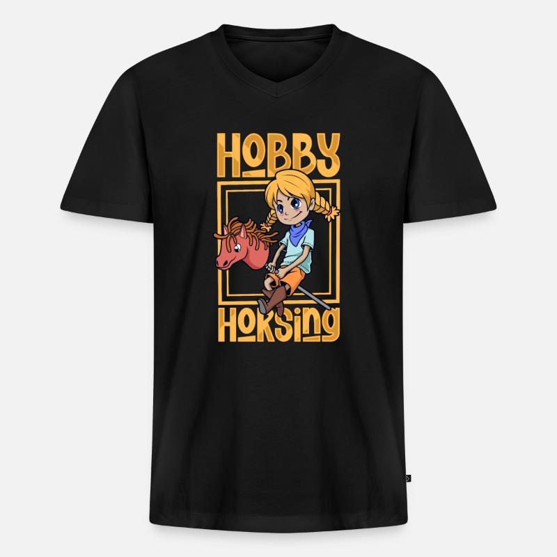 Mädchen beim Hobby Horsing - Männer Premium Bio T-Shirt mit V-Ausschnitt - Schwarz