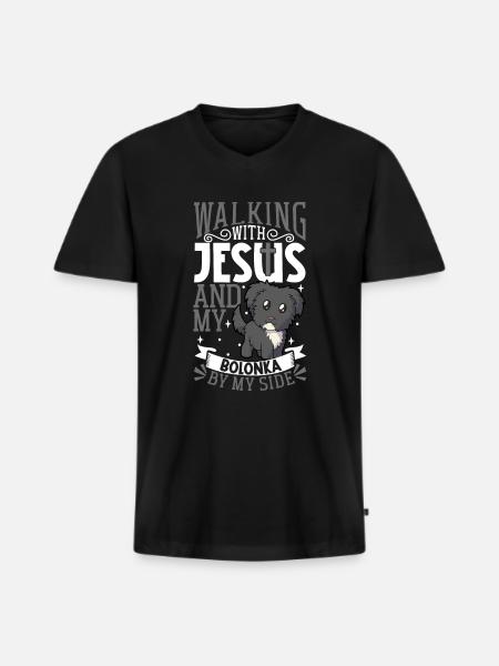 Jeesus ja koira - Bolonka Zwetna - Premium luomulaatuinen miesten t-paita, jossa V-pääntie - musta