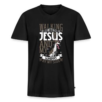 Jesus and Dog - Whippet - Men's Premium Organic T-shirt with V-neck - black - Front - Nico (187cm)