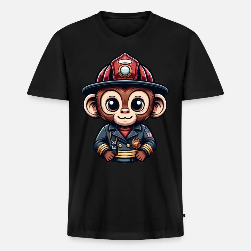 Cute Monkey Firefighter - Männer Premium Bio T-Shirt mit V-Ausschnitt - Schwarz