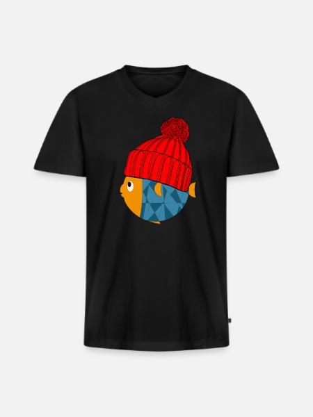 Süßer Fisch mit Wollmütze - Männer Premium Bio T-Shirt mit V-Ausschnitt - Schwarz