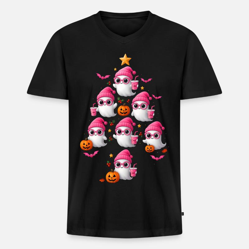 Cute Pink Ghost Christmas Tree Design - Männer Premium Bio T-Shirt mit V-Ausschnitt - Schwarz