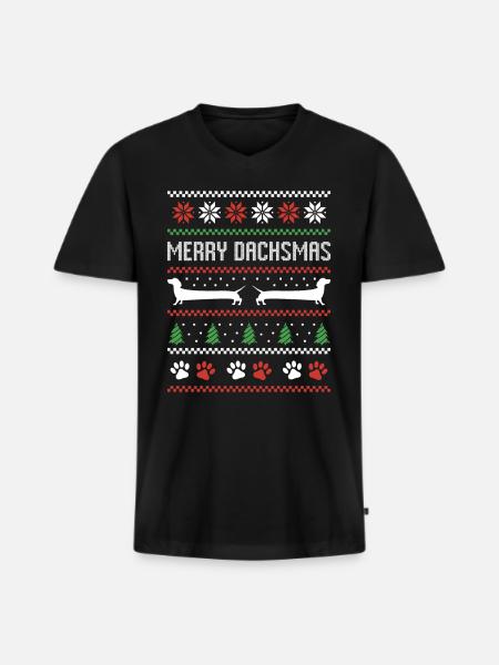 Dackel Wurst Hund Hässlicher Weihnachtspullover - Männer Premium Bio T-Shirt mit V-Ausschnitt - Schwarz