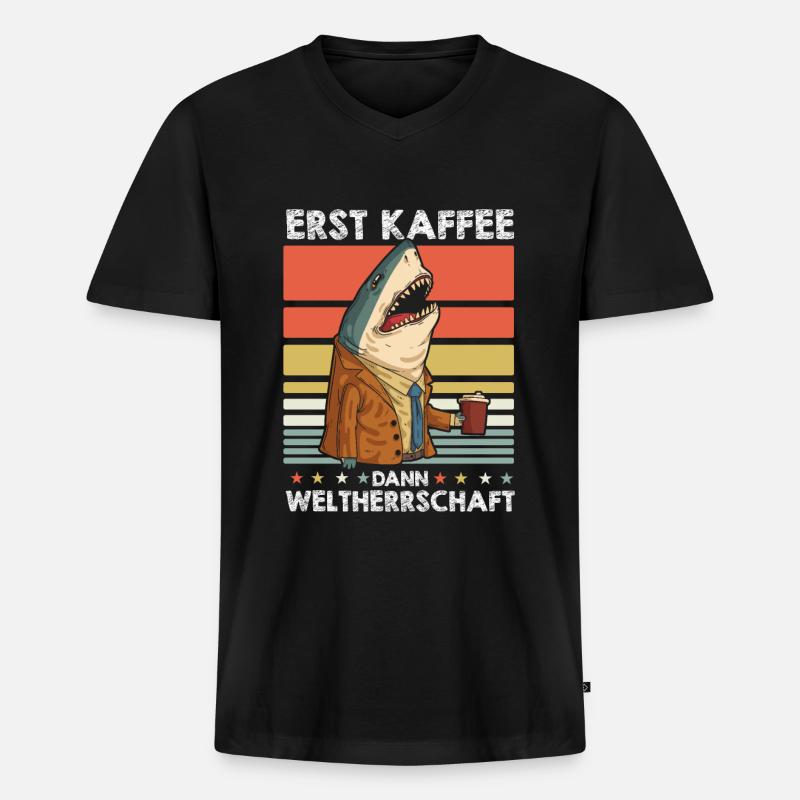 Haifisch Kaffee - Männer Premium Bio T-Shirt mit V-Ausschnitt - Schwarz