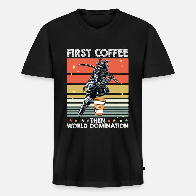 Samurai Kaffee - Männer Premium Bio T-Shirt mit V-Ausschnitt - Schwarz