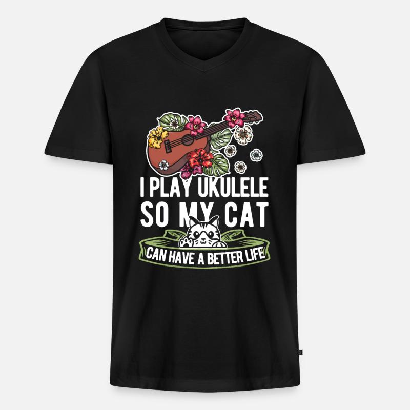 Ukulele Katze - Männer Premium Bio T-Shirt mit V-Ausschnitt - Schwarz