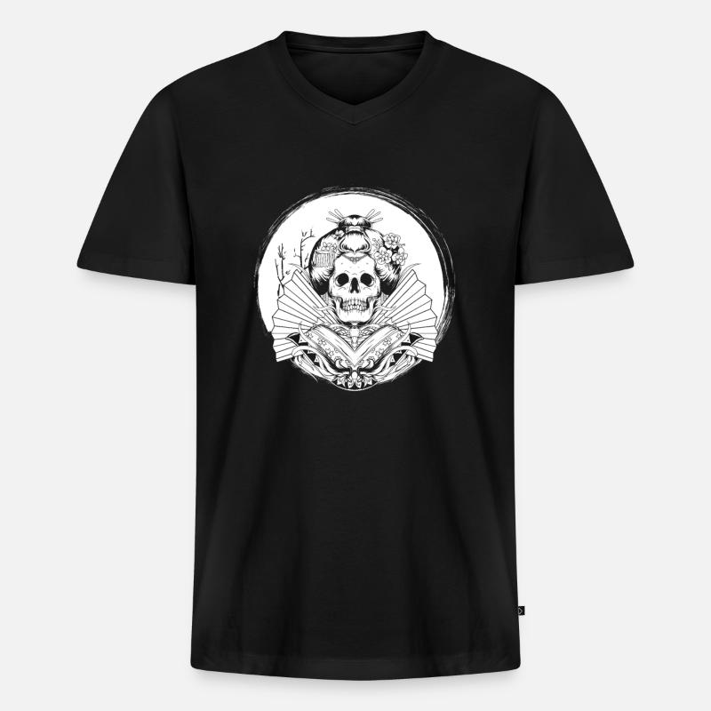 Geisha Totenschädel - Männer Premium Bio T-Shirt mit V-Ausschnitt - Schwarz