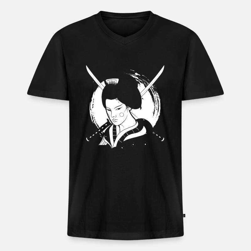 Geisha Katana - Männer Premium Bio T-Shirt mit V-Ausschnitt - Schwarz