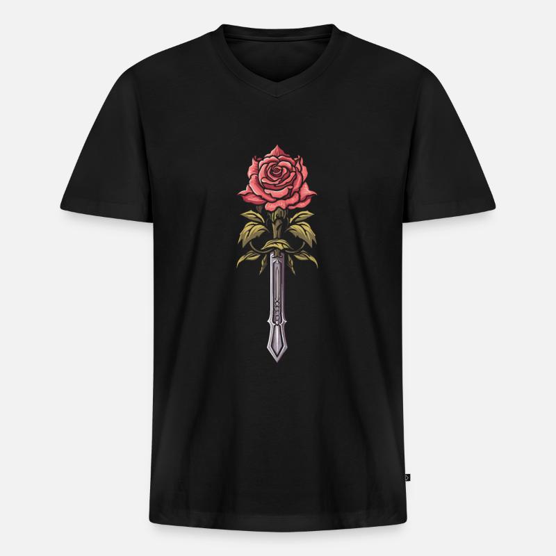 Rote Rose Goth Schwert - Männer Premium Bio T-Shirt mit V-Ausschnitt - Schwarz