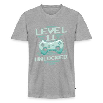 Gamer Gaming Level 11 Unlocked - Männer Premium Bio T-Shirt mit V-Ausschnitt - Grau meliert - Vorne