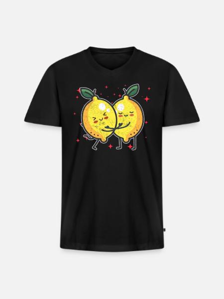 Cute Lemon Couple Hugging Lemon Fruit Lovers - Men's Premium Organic T-shirt with V-neck - black