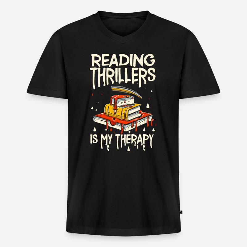 Reading Thrillers Is My Therapy - Männer Premium Bio T-Shirt mit V-Ausschnitt - Schwarz