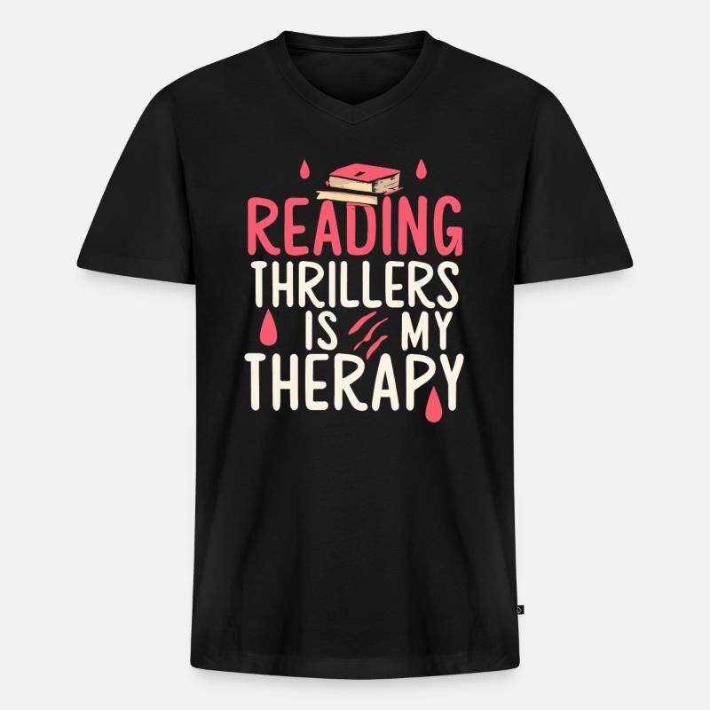Reading Thrillers Is My Therapy - Männer Premium Bio T-Shirt mit V-Ausschnitt - Schwarz