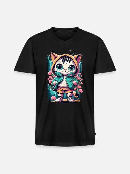 cute kawaii kitten japan - Men's Premium Organic T-shirt with V-neck - black