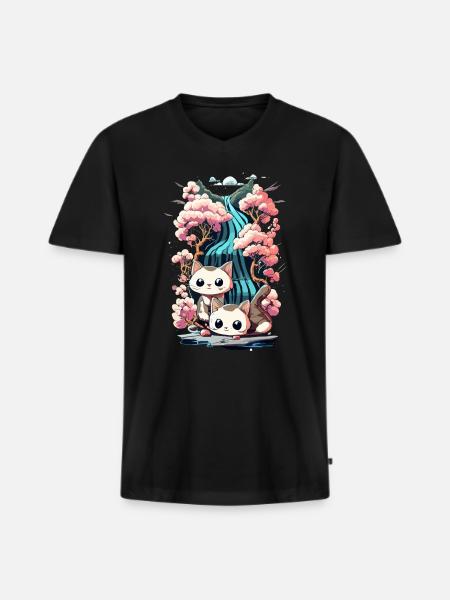 cute kawaii kitten japan - Men's Premium Organic T-shirt with V-neck - black