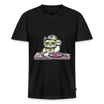 Katze DJ Techno Musik Liebhaber Elektro Musiker - Männer Premium Bio T-Shirt mit V-Ausschnitt - Schwarz - Vorne - Nico (187cm)