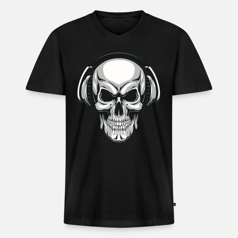 Totenkopf mit Kopfhörer - Männer Premium Bio T-Shirt mit V-Ausschnitt - Schwarz