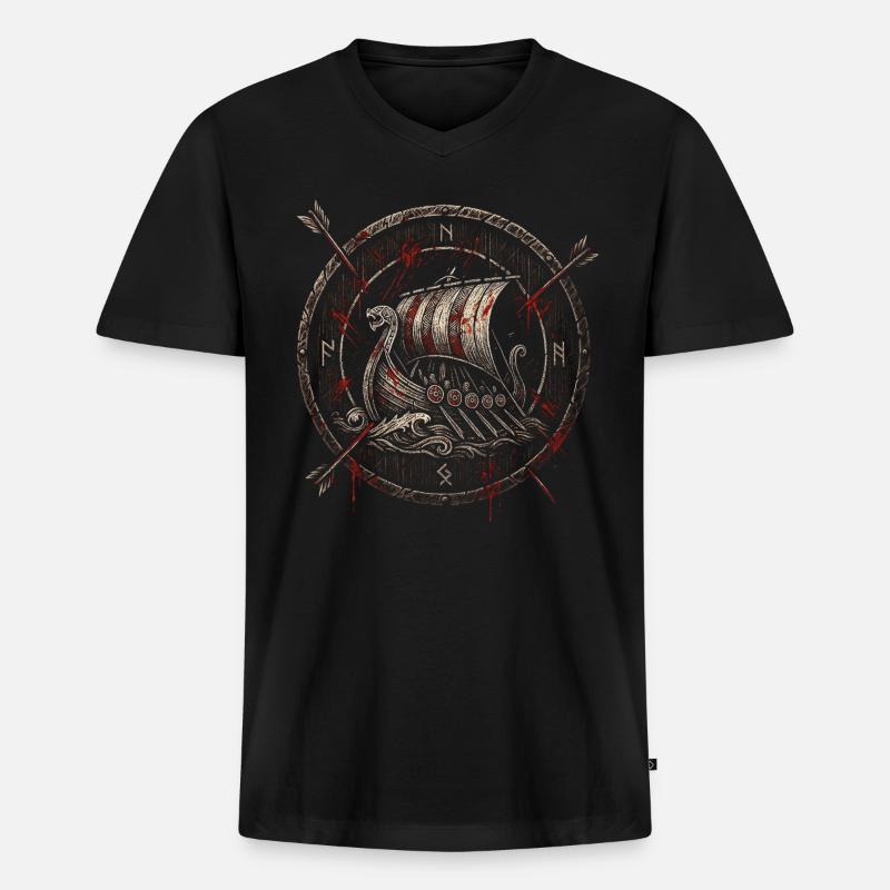 Wikinger Schild mit Langboot - Männer Premium Bio T-Shirt mit V-Ausschnitt - Schwarz