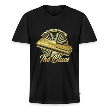 Playing The Blues Music Instrument Harmonica Gift - Men's Premium Organic T-shirt with V-neck - black - Front - Nico (187cm)