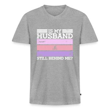 Ist mein Mann noch hinter mir? - Triathlon Frauen - Männer Premium Bio T-Shirt mit V-Ausschnitt - Grau meliert - Vorne