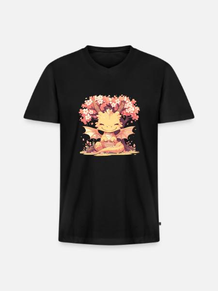 Drago Sakura Albero Giapponese Kawaii Drago - Maglietta ecologica premium da uomo con scollo a V - nero