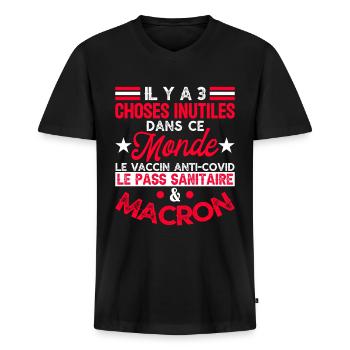 Anti-MACRON anti pass sanitaire anti vaccination - T-shirt encolure en V Premium bio Homme - noir - Devant - Nico (187cm)