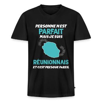 Humour Reunion citation Réunionnais - T-shirt encolure en V Premium bio Homme - noir - Devant - Nico (187cm)