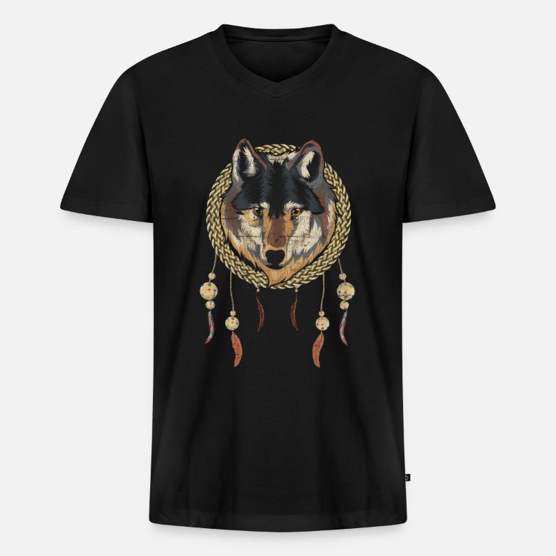 Boho Geschenkidee Tiermotiv Traumfänger Wolf - Männer Premium Bio T-Shirt mit V-Ausschnitt - Schwarz