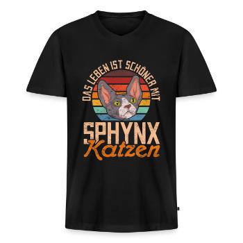 Retro Das Leben ist schöner mit Sphynx Katzen - Männer Premium Bio T-Shirt mit V-Ausschnitt - Schwarz - Vorne - Nico (187cm)