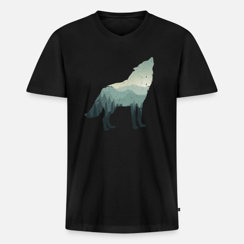 Wolf - Männer Premium Bio T-Shirt mit V-Ausschnitt - Schwarz