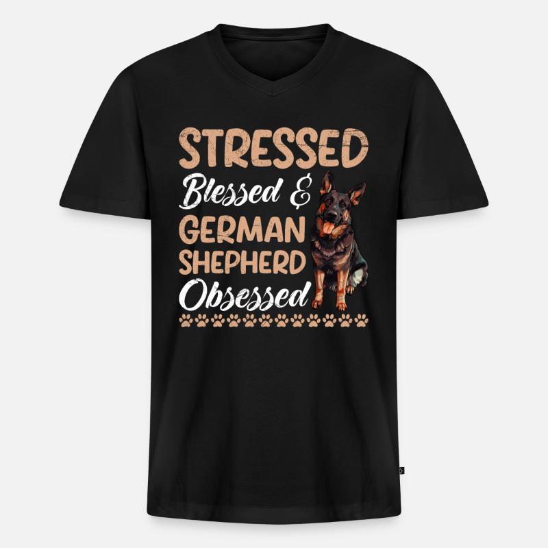 Deutscher Schäferhund STRESSED OBSESSED - Männer Premium Bio T-Shirt mit V-Ausschnitt - Schwarz