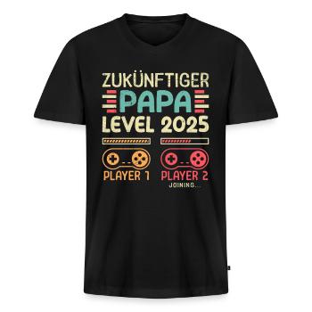 ZUKÜNFTIGER PAPA LEVEL 2025 Vintage Spielerpapa - Männer Premium Bio T-Shirt mit V-Ausschnitt - Schwarz - Vorne - Nico (187cm)